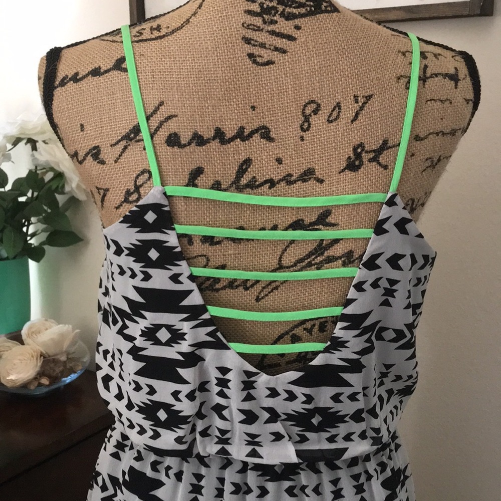 Medium black & white Aztec dress neon green straps